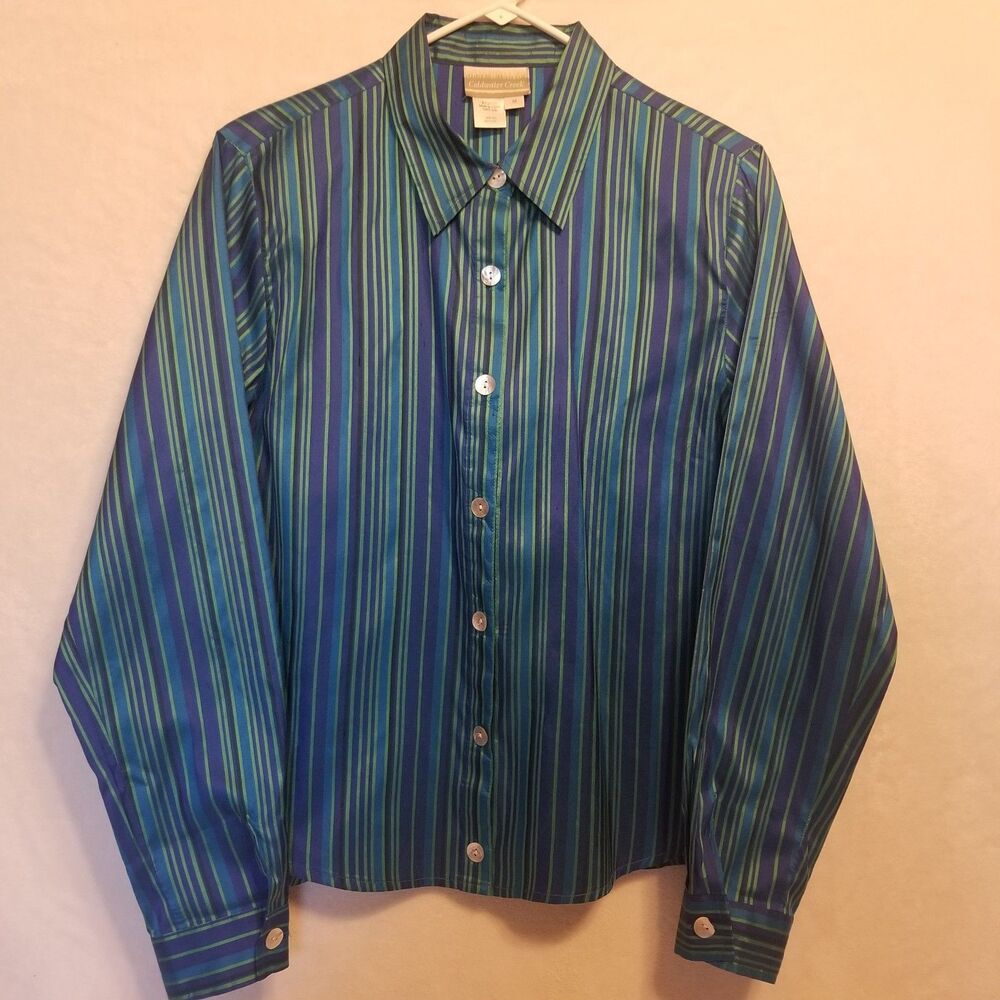 Coldwater Creek M Shirt 100% Silk Blue Striped Boxy Preppy Career Office Vtg